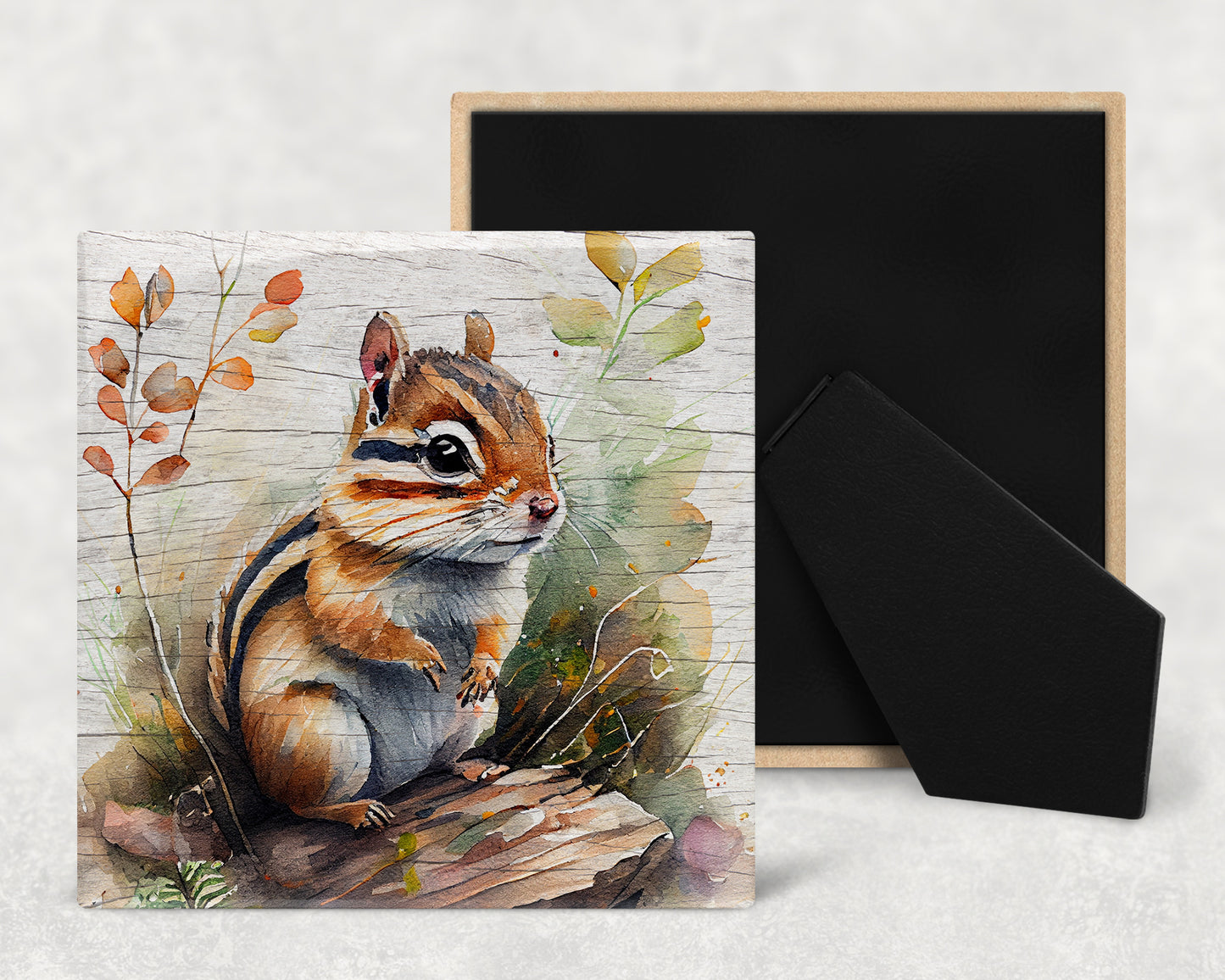 Watercolor Ground Squirrel on Wood Texture Art Decorative Ceramic Tile with Optional Easel Back - Available in 3 Sizes