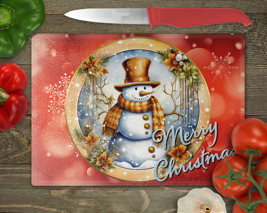 a cutting board with a picture of a snowman on it