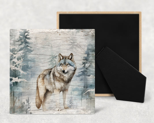 Watercolor Wolf on Wood Texture Art Decorative Ceramic Tile with Optional Easel Back - Available in 3 Sizes