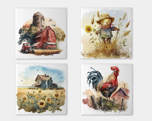 a set of four ceramic coasters with farm scenes