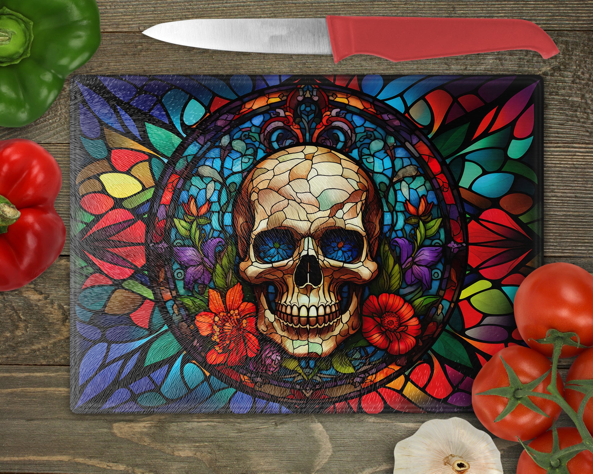 a painting of a skull on a cutting board