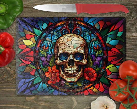 a painting of a skull on a cutting board