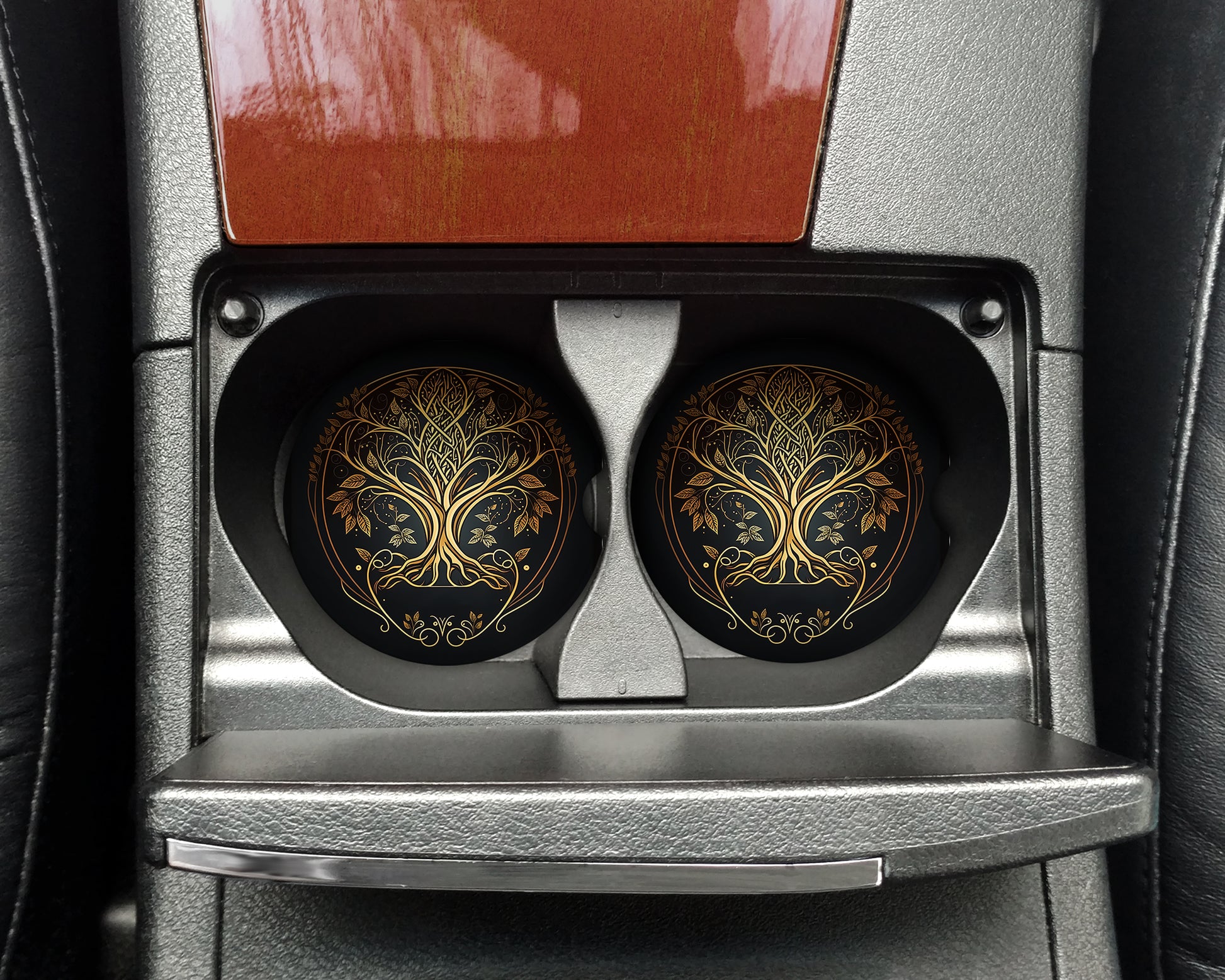 a pair of black and gold brake lights on a car