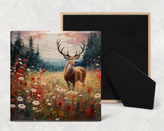 Watercolor Deer on Wood Texture Art Decorative Ceramic Tile with Optional Easel Back - Available in 3 Sizes