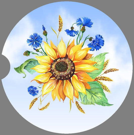 Sunflowers and Blue Blossoms Art Car Coasters  - Matching Pair - Schoppix Gifts
