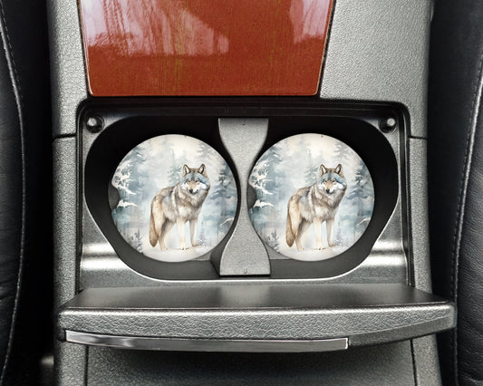 two plates with a picture of a wolf on them