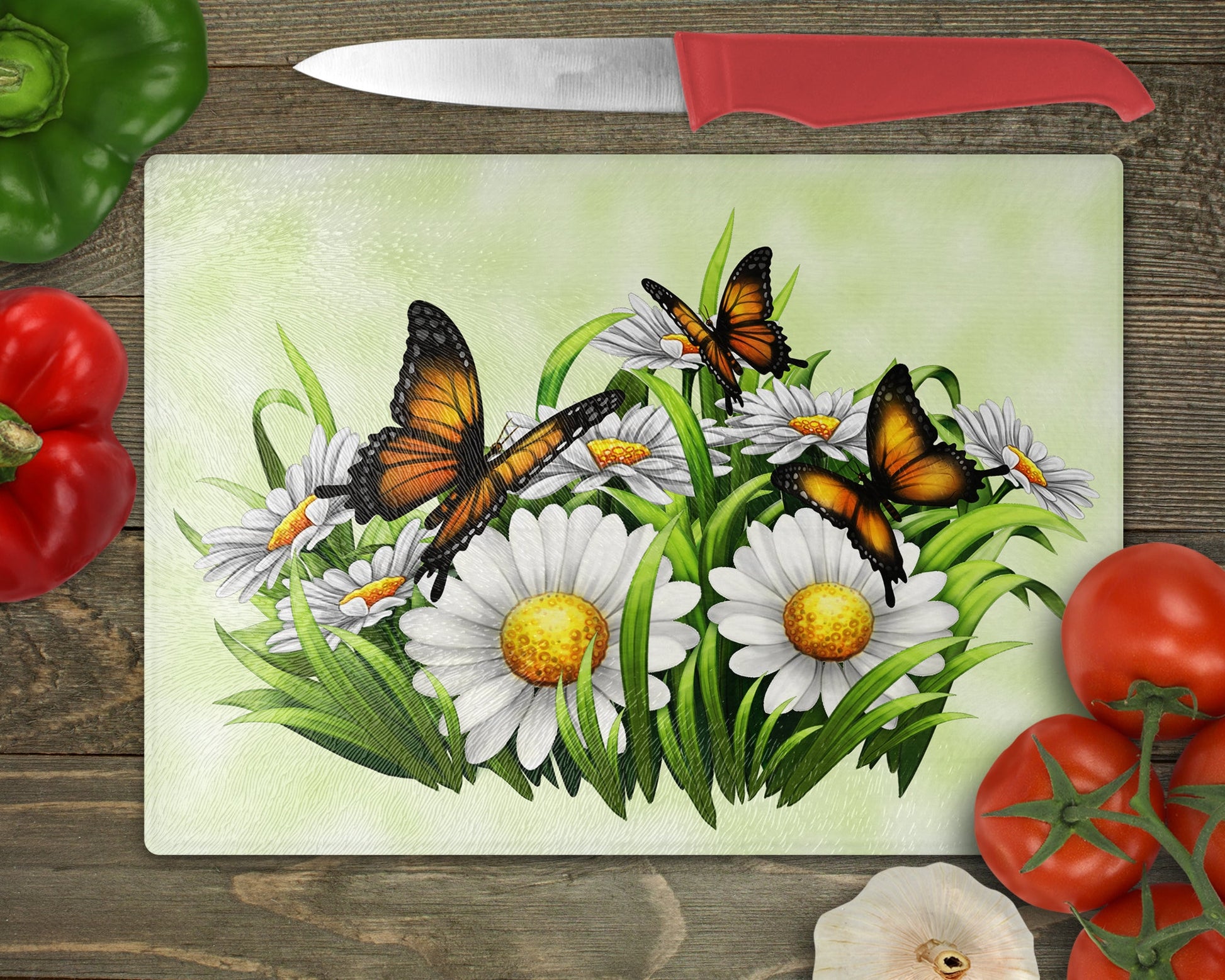 Monarch Butterflies and Daisies Art Glass Cutting Board|Kitchen Decor|Home Decor - Schoppix Gifts