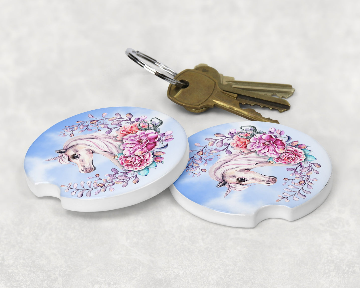 Unicorn Flower Wreath Art Car Coasters - Matching Pair - Schoppix Gifts