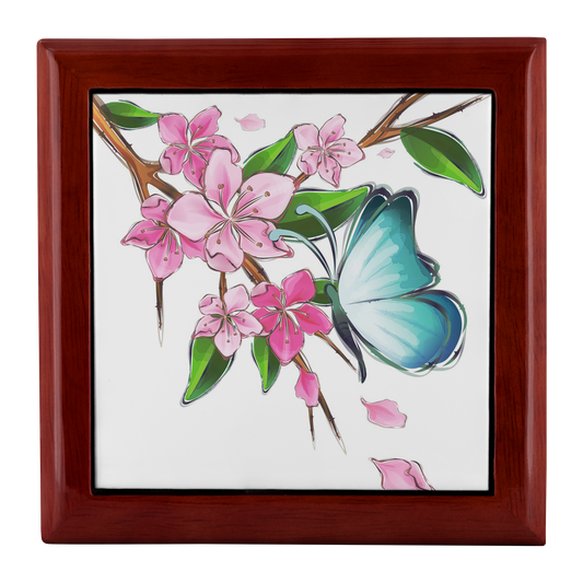 Blue Butterfly on Cherry Blossoms Jewelry Box - Schoppix Gifts