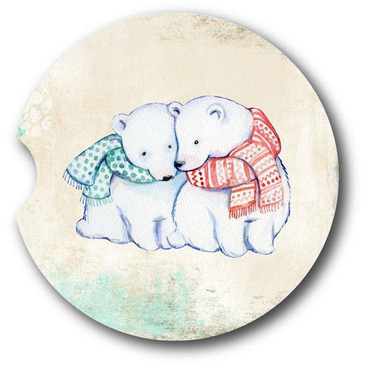 Polar Bears wearing scarves Sandstone Car Coasters set of 2 - Schoppix Gifts