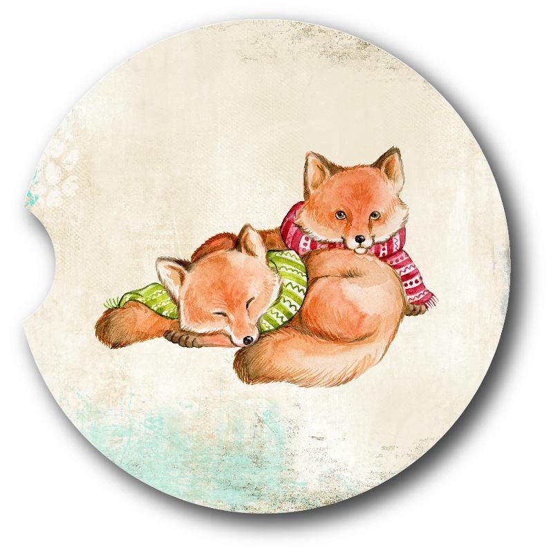 Adorable Winter Foxes Sandstone Car Coasters - Set of 2 - Schoppix Gifts