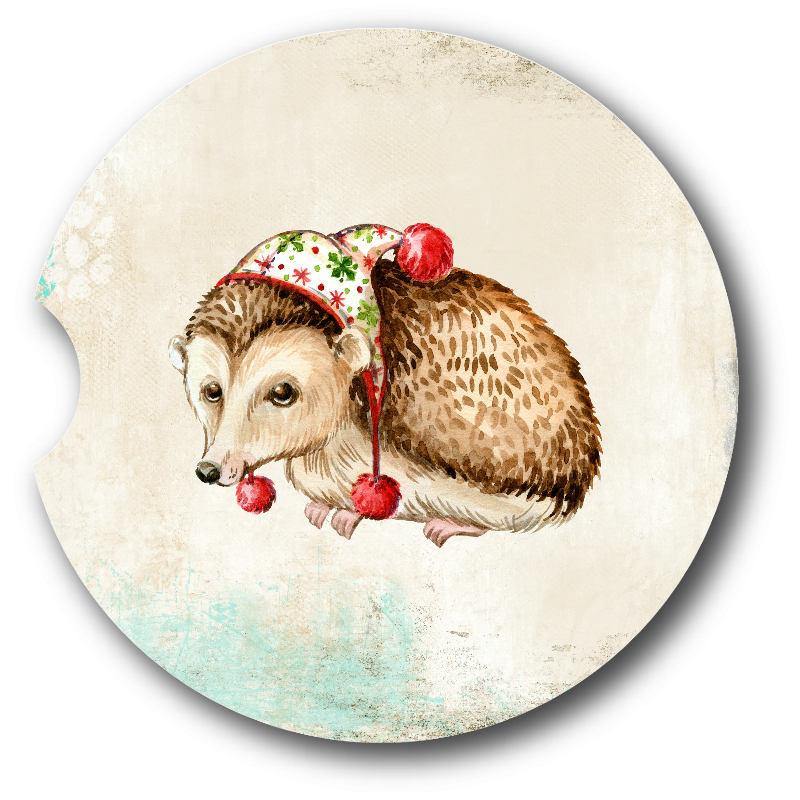 Adorable Winter Hedgehog Sandstone Car Coasters set of 2. - Schoppix Gifts