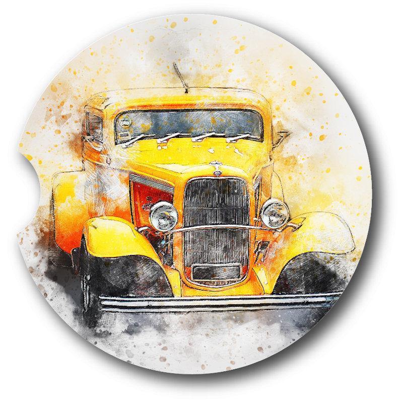 Watercolor Style Yellow Classic Hot Rod Car Coasters set of 2/Optional 2.5" Acrylic Key Chain - Schoppix Gifts