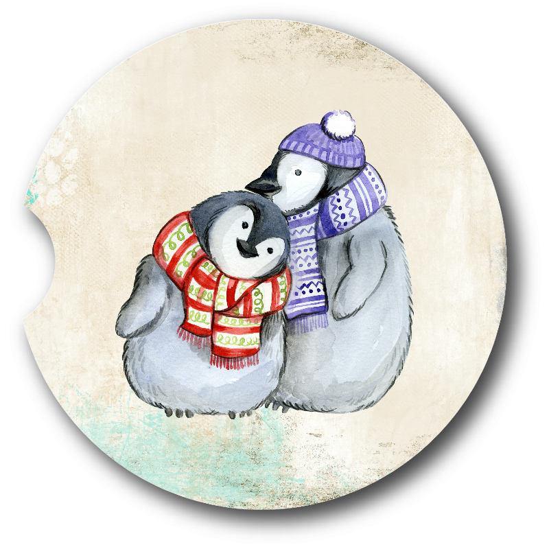 Adorable Penguin pair dressed in scarves and hats Sandstone Car Coasters set of 2 - Schoppix Gifts