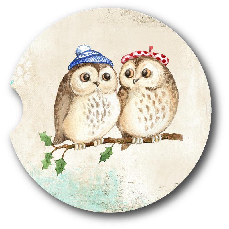 Winter Owls Sandstone Car Coasters -Set of 2 - Schoppix Gifts