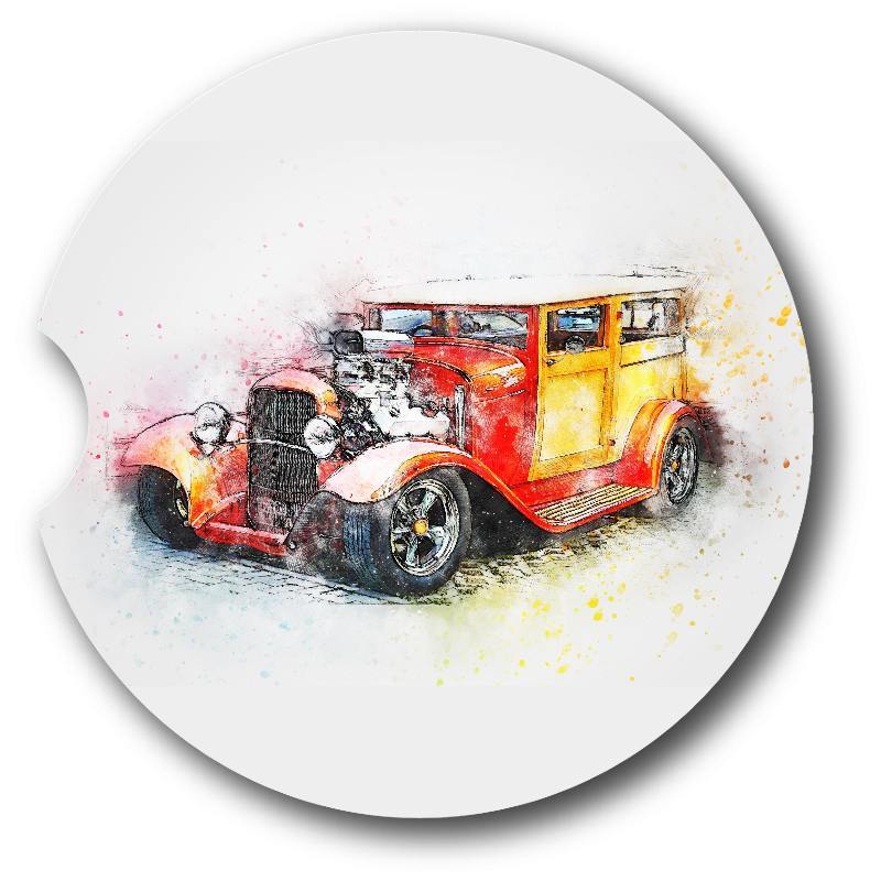 Watercolor  Style Yellow Classic Hot Rod 2 Sandstone Car Coasters set of 2. - Schoppix Gifts