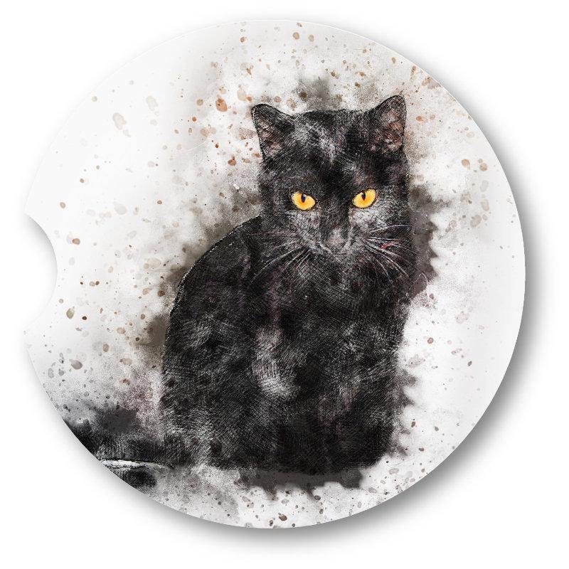 Black Cat Car Coaster/Watercolor Style /set of 2 - Schoppix Gifts