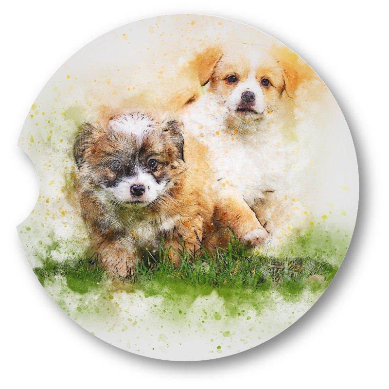 Puppies Car Coasters-Watercolor Style -Set of 2 - - Schoppix Gifts