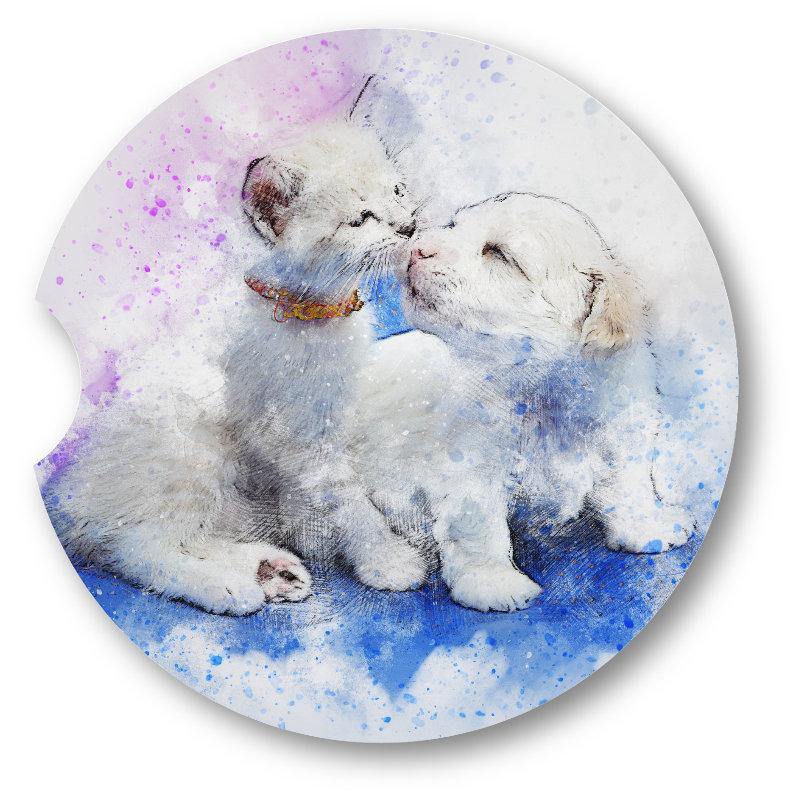 Puppy and Kitten Car Coasters/Watercolor Style  set of 2/  2.5" Acrylic Key Chain - Schoppix Gifts