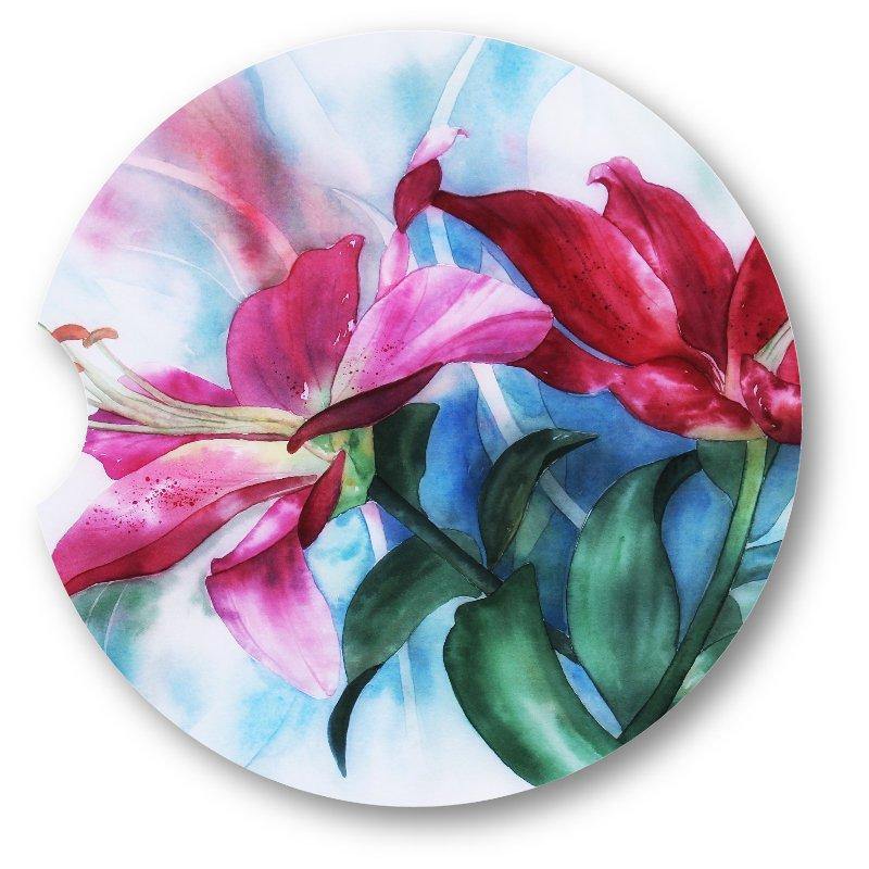 Lilies Car Coasters -Watercolor Style - Set of 2 - - Schoppix Gifts