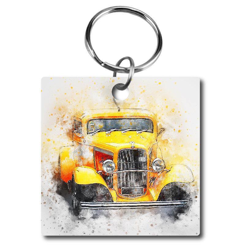 Yellow Hot Rod/Classic Car Acrylic Key Chain - Schoppix Gifts
