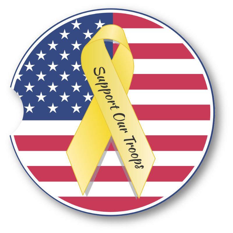 Support our Troops Car Coasters/Yellow Ribbon/ set of 2/  2.5" Acrylic Key Chain - Schoppix Gifts