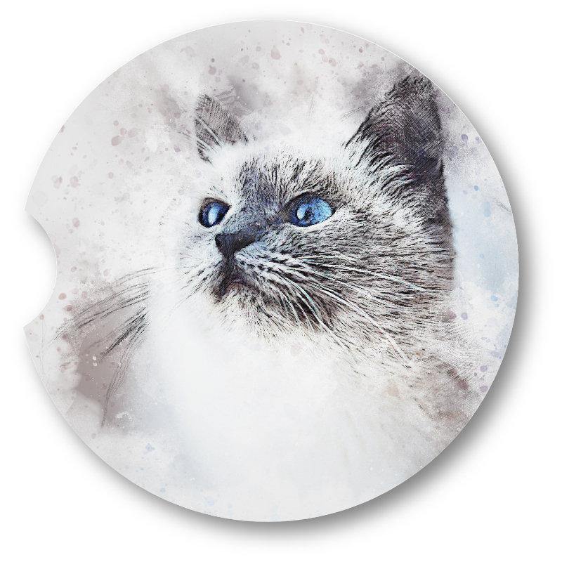White Cat Car Coaster /Watercolor Style / set of 2 - Schoppix Gifts