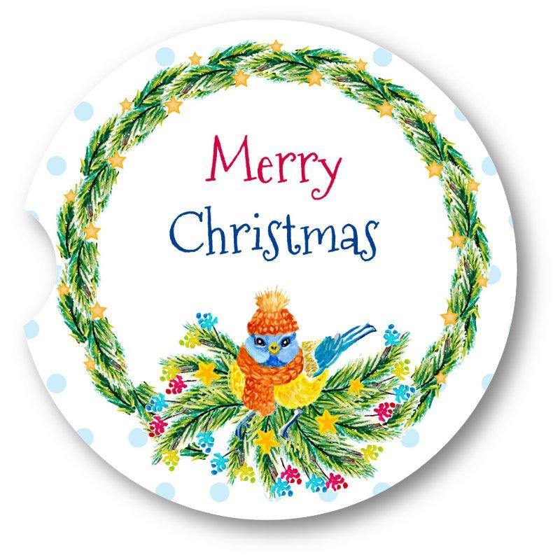 Bluebird Christmas Wreath Sandstone Car Coasters / Set of 2 - Schoppix Gifts