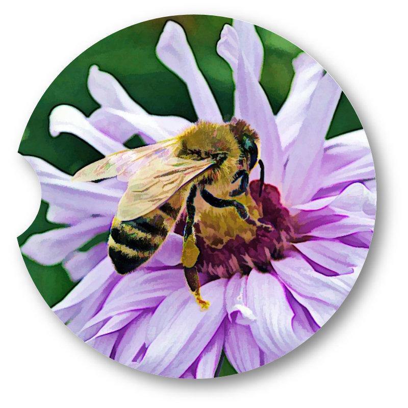 Honey Bee on Flower Sandstone Car Coasters /  Set of 2 - Schoppix Gifts