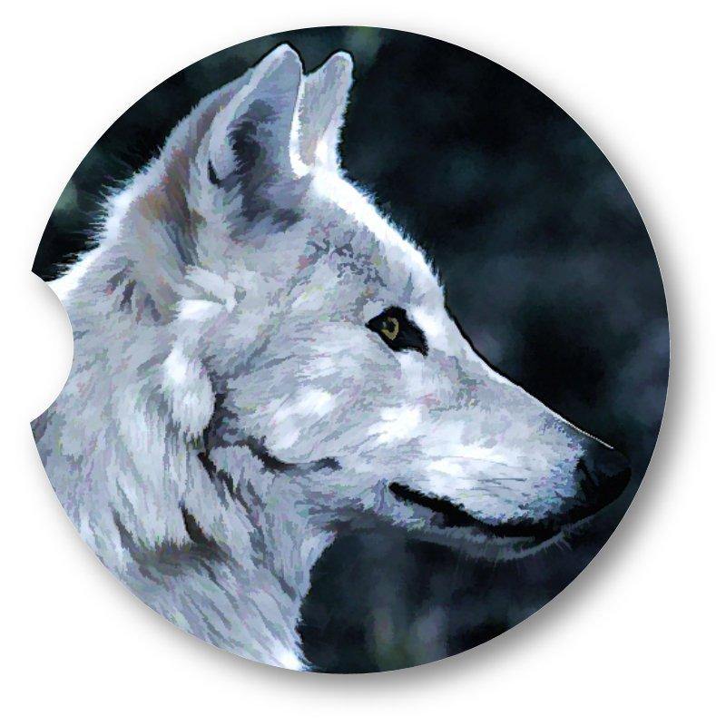 White Wolf Portrait Sandstone Car Coasters /  Set of 2 - Schoppix Gifts
