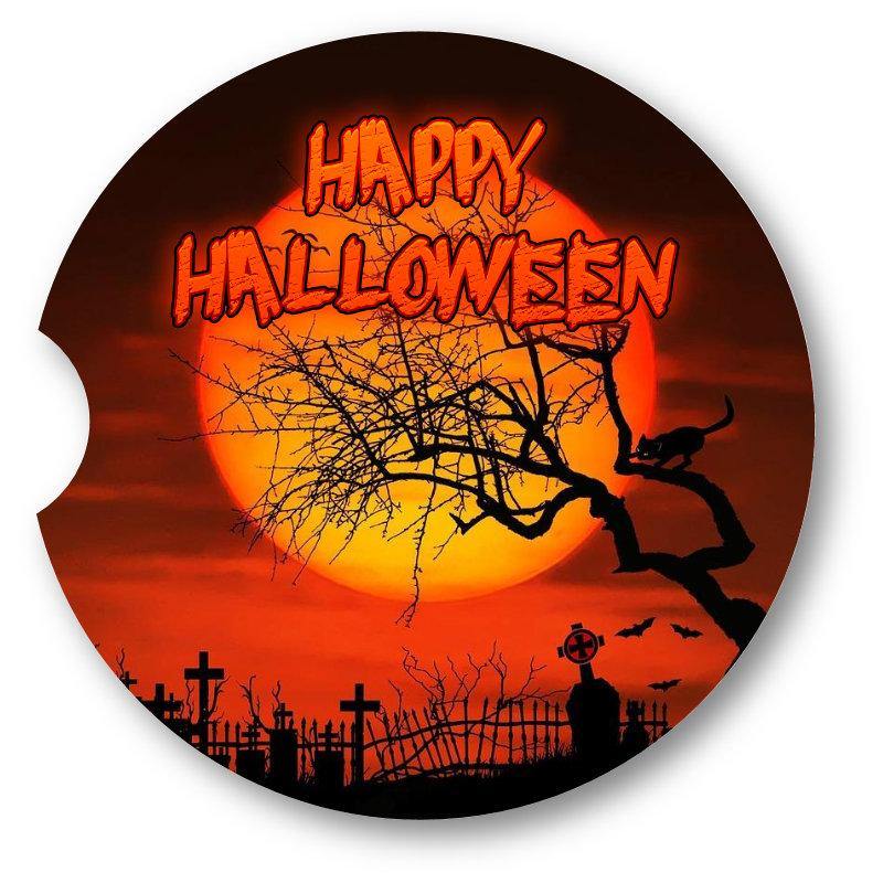 Happy Halloween Creepy Tree and Moon/Halloween Car Coasters / Set of 2 - Schoppix Gifts