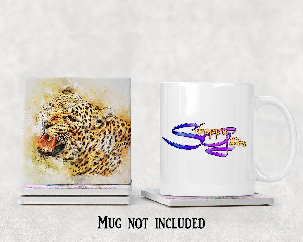 Watercolor style Roaring Leopard Square Drink Coaster-Set of 4- Available in 4 styles! - Schoppix Gifts