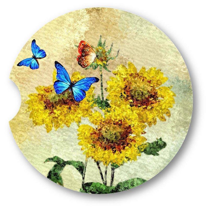 Painted Look Butterflies & Sunflower  Car Coasters set of 2 - Schoppix Gifts