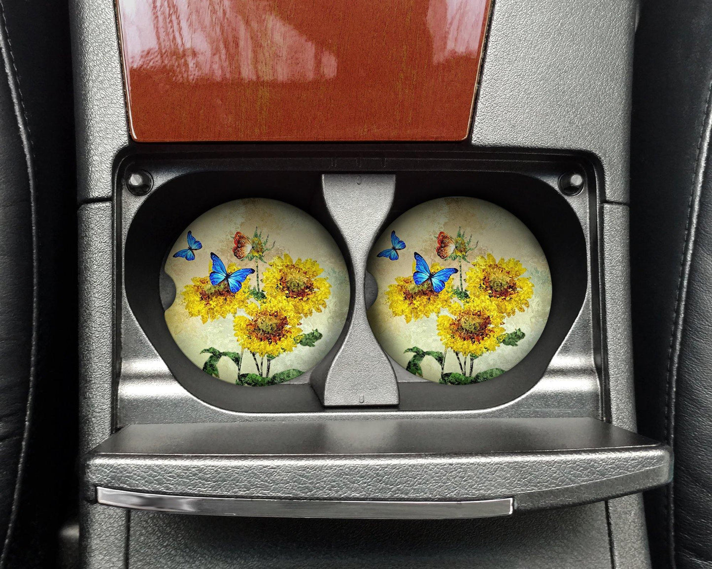 Painted Look Butterflies & Sunflower  Car Coasters set of 2 - Schoppix Gifts