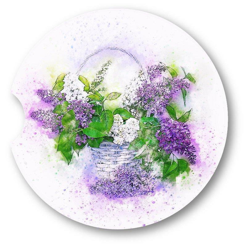 Lilac Flower Basket Car Coasters -Watercolor Style - set of 2. - Schoppix Gifts