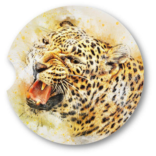 Watercolor style Roaring Leopard Sandstone Car Coasters set of 2 - Schoppix Gifts