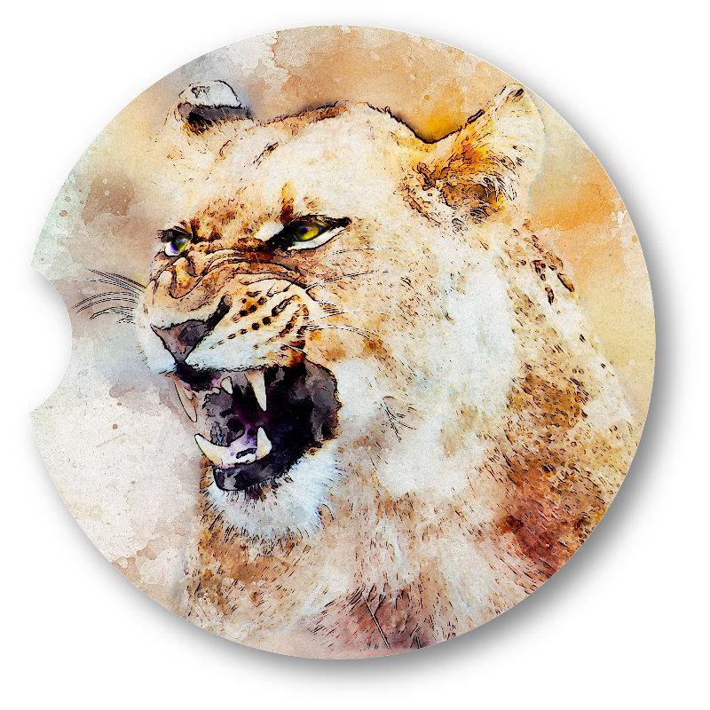 Watercolor style Roaring Lioness Sandstone Car Coasters set of 2 - Schoppix Gifts