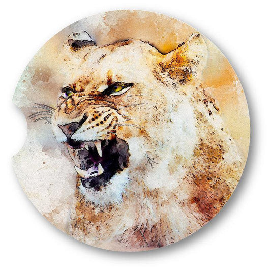 Watercolor style Roaring Lioness Sandstone Car Coasters set of 2 - Schoppix Gifts