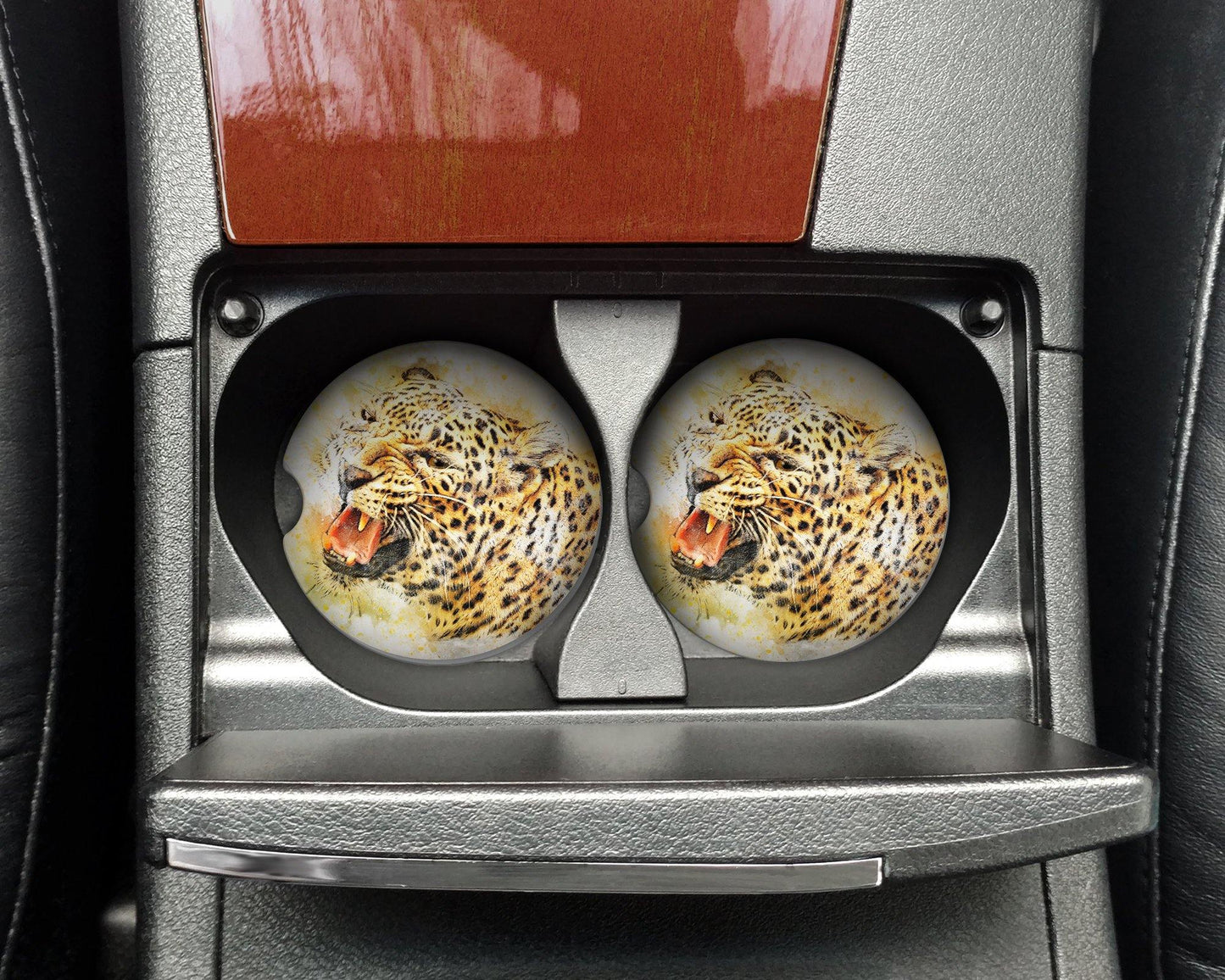 Watercolor style Roaring Leopard Sandstone Car Coasters set of 2 - Schoppix Gifts