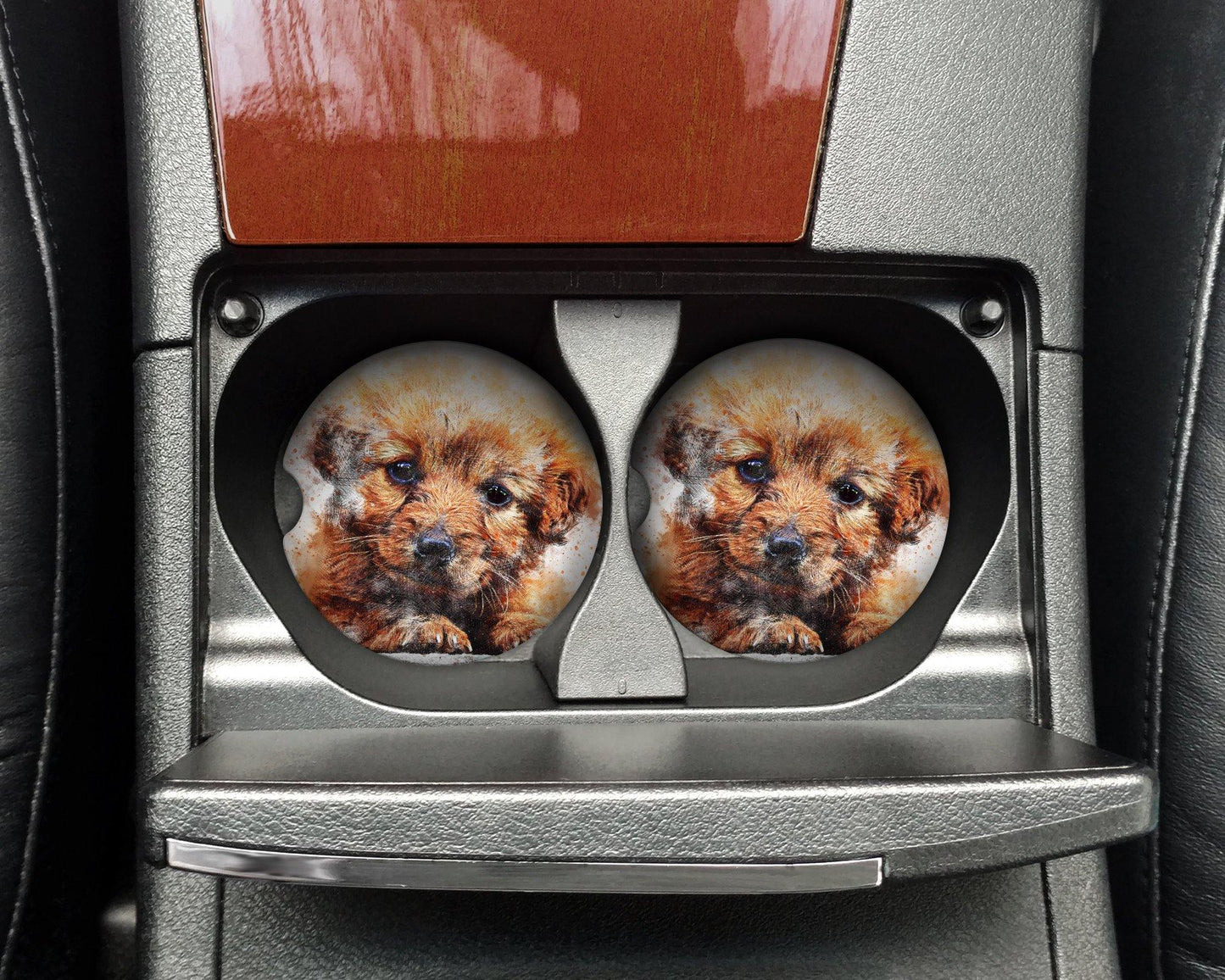 Puppy Car Coasters/Watercolor Style / set of 2/  2.5" Acrylic Key Chain - Schoppix Gifts