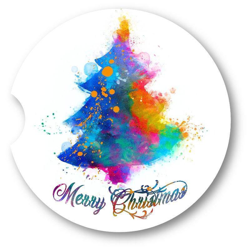 Water Color Look Rainbow Christmas Tree Car Coasters set of 2 - Schoppix Gifts