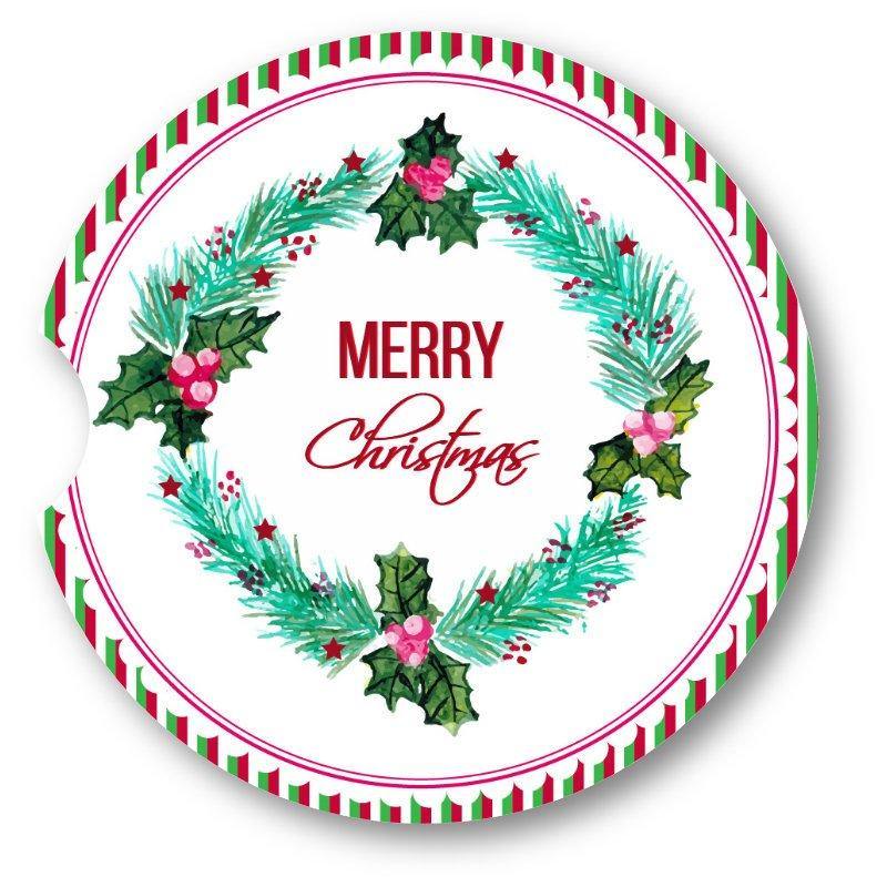 Holly Christmas Wreath Sandstone Car Coasters /  Set of 2 - Schoppix Gifts