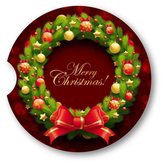 Traditional Christmas Wreath Sandstone Car Coasters / Set of 2 - Schoppix Gifts
