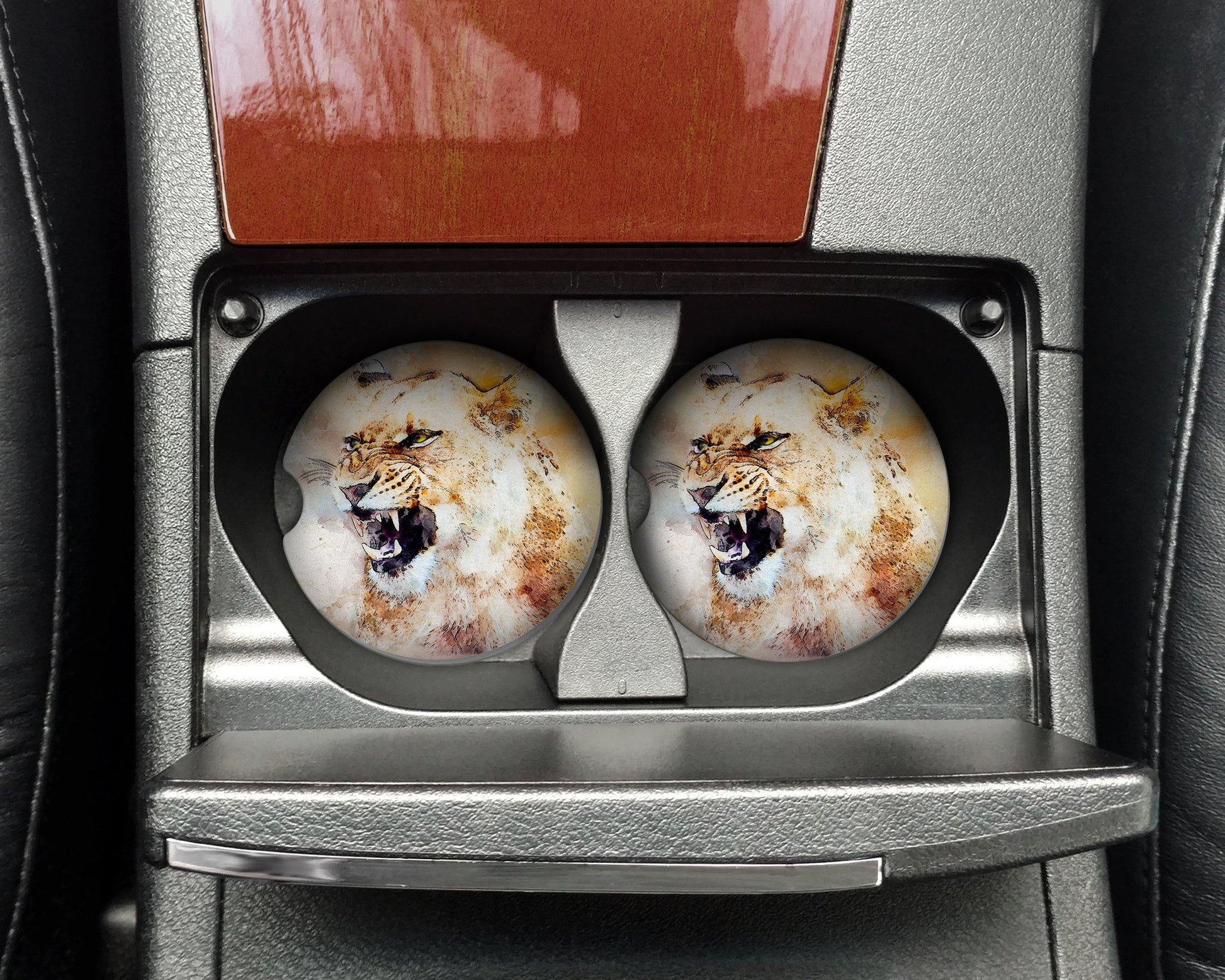 Watercolor style Roaring Lioness Sandstone Car Coasters set of 2 - Schoppix Gifts