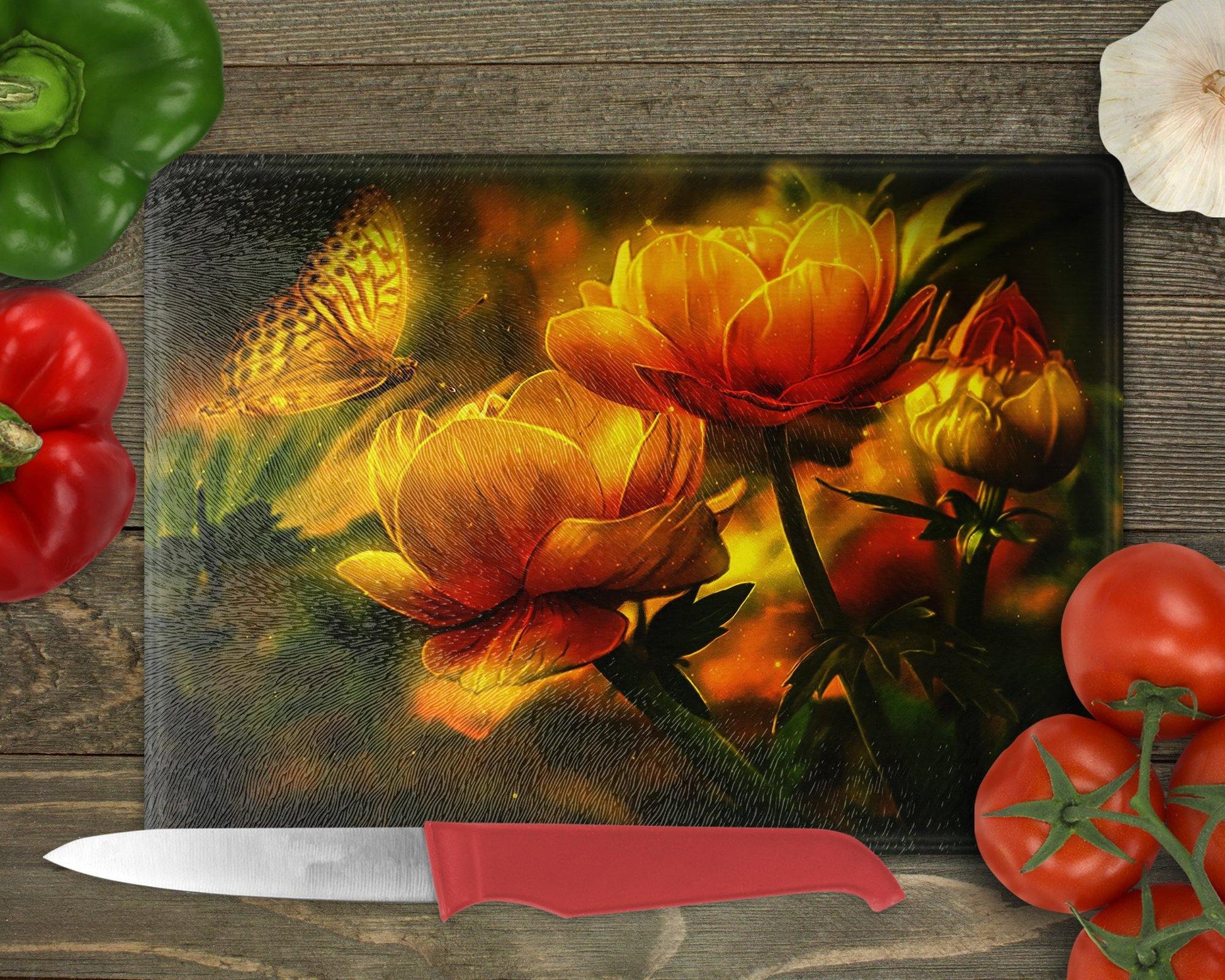 Yellow Butterfly on Flowers Glass Cutting Board - Schoppix Gifts