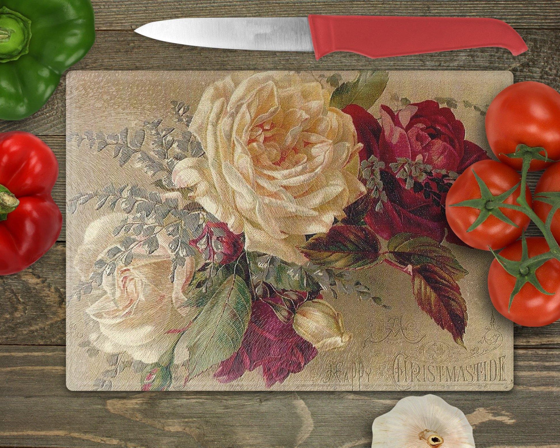 Vintage Roses Christmas Glass Cutting Board - Schoppix Gifts