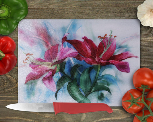 Water Color Style Lilies Glass Cutting Board - Schoppix Gifts