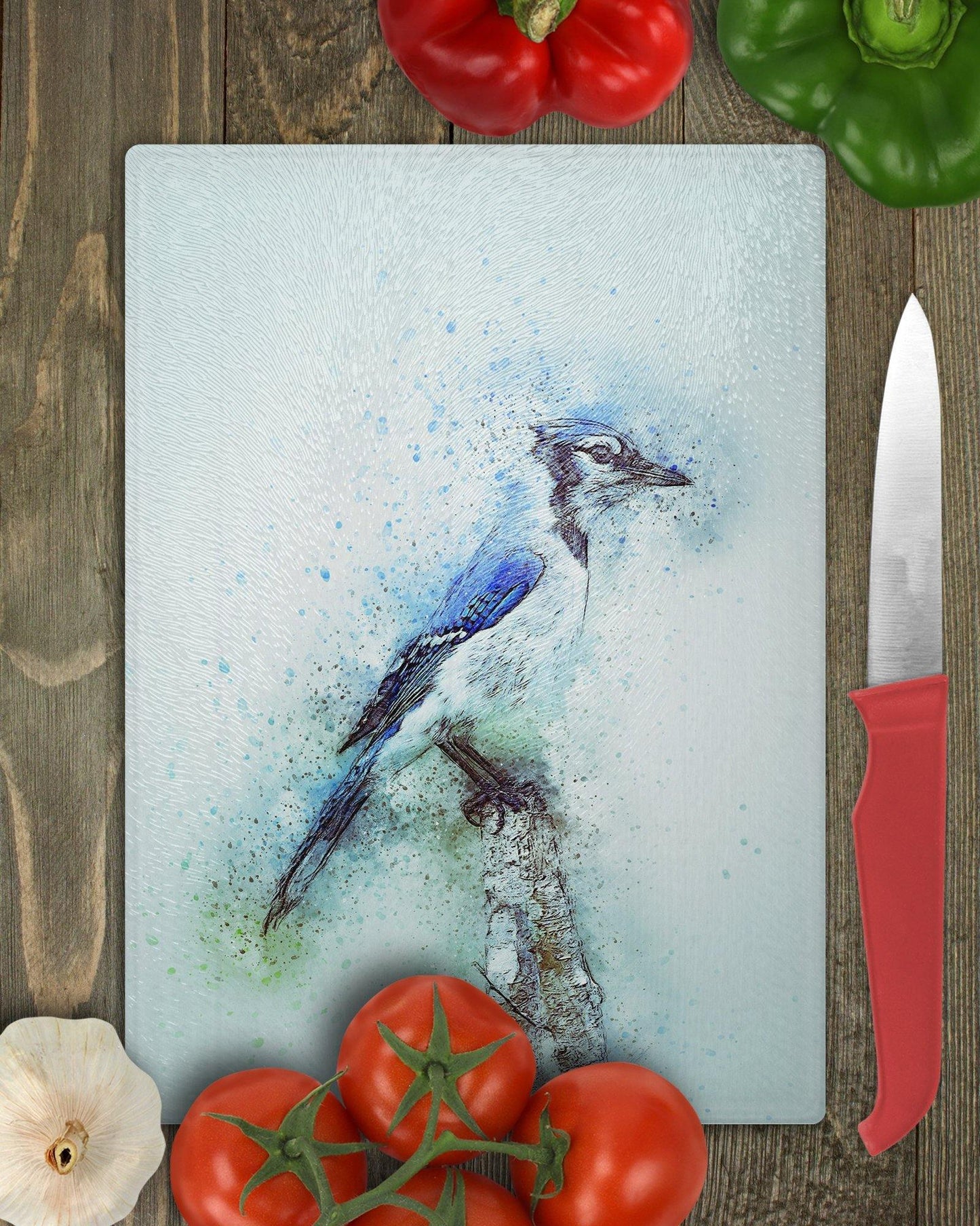 Watercolor Style Blue Jay Glass Cutting Board - Schoppix Gifts