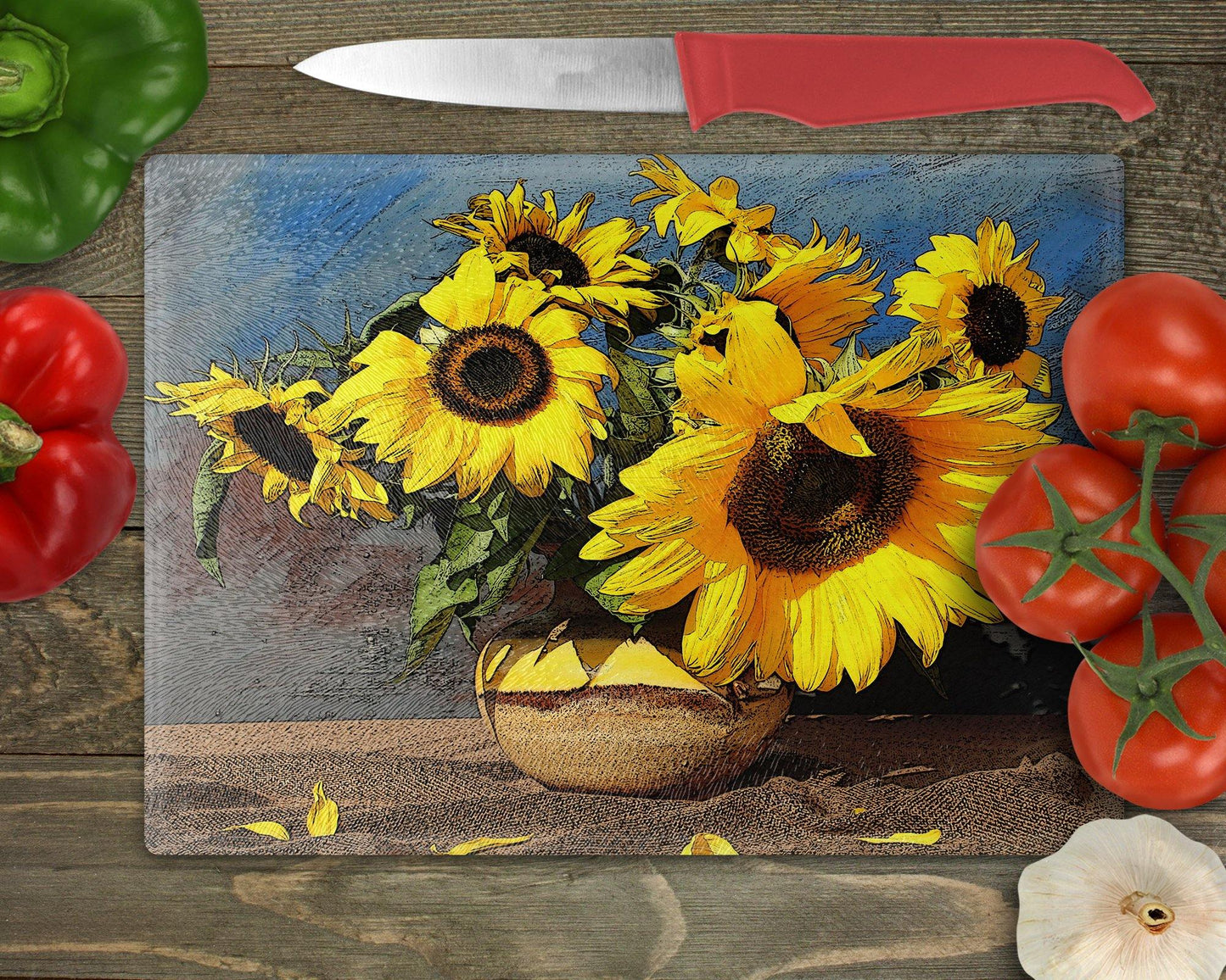 Sunflowers in Vase Glass Cutting Board - Schoppix Gifts