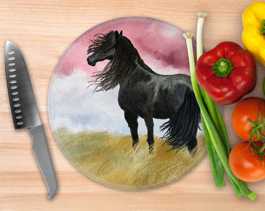 Black Horse  Glass Cutting Board - Round Cutting Board - Schoppix Gifts